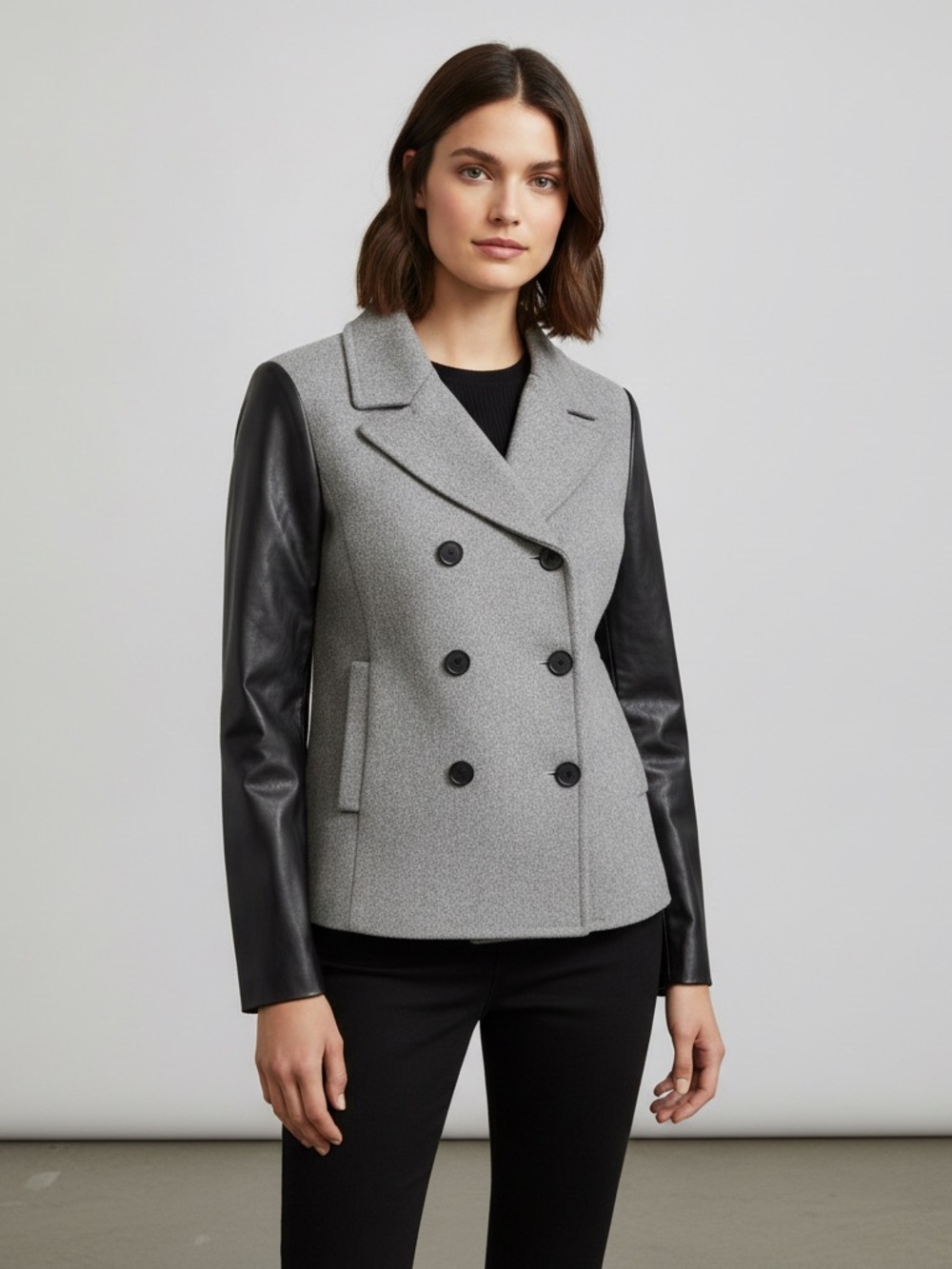 Ann Taylor Grey Wool Blend Faux Leather Sleeve Double Breasted Jacket S